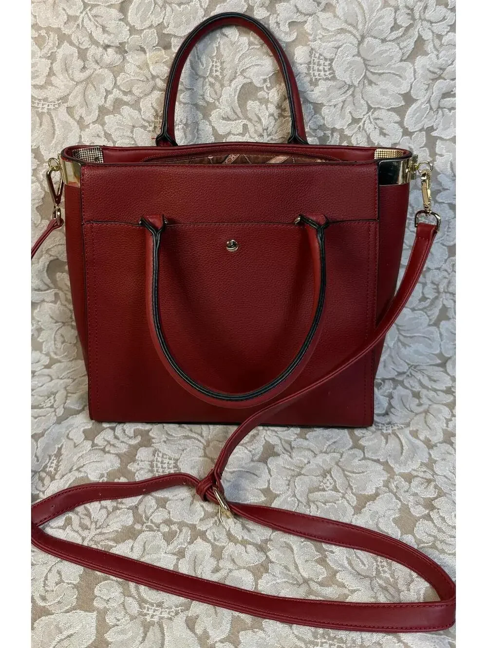 PURSE Red Faux Leather Tote Bag with Gold Accents